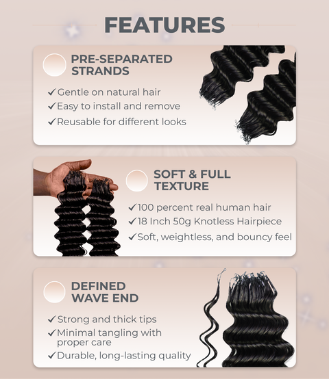 LUXLUXE Deep Wave Real Human Crochet Hair Extensions 40 Strands - Natural  & Natural Black 14 16 & 18 Inch with weights 40g 45g & 50g Knotless Pre Separated Feather Wavy Hairpiece for Women