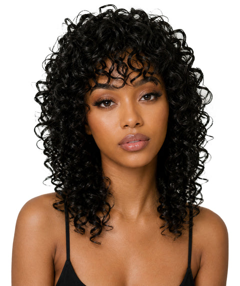 Doriana Voluminous Synthetic Curls with a Soft Fringe, Long Curly 19 Inch Full Wig with Bangs