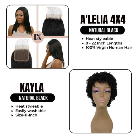 Bundle Deal: Dress Up with A' Lelia 4x4 HD Lace A7 Grade Human Hair Wig and Short Spiral Curls (Natural Black)