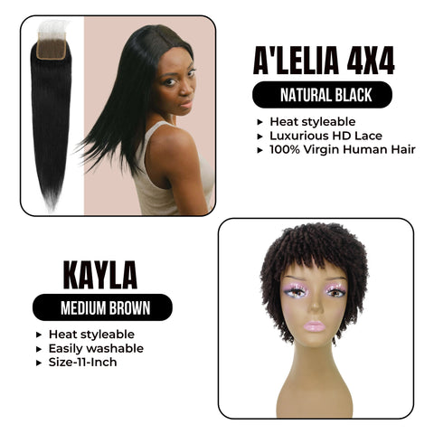 Bundle Offer: A' Lelia 4x4 Natural HD Lace A7 Grade Human Hair||11-inch Short Spiral curls Mixed Hair Wig Kayla