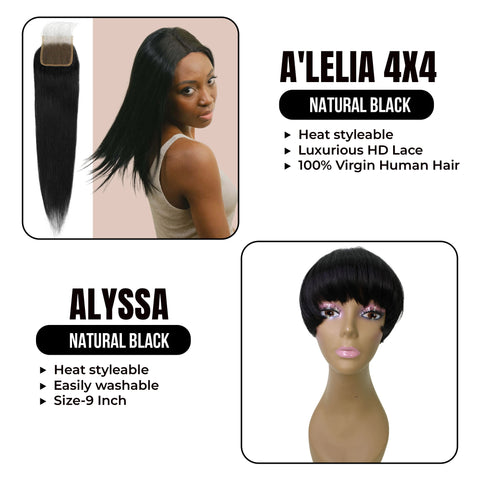 Combo Package: A' Lelia 4x4 HD Lace A7 Grade Human Hair || Alyssa 9-inch Mixed Synthetic Short Wig (Natural Black)