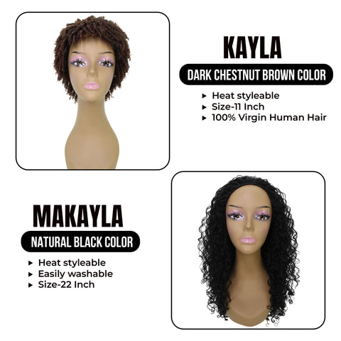 Multi-Item Deal: Kayla 11-Inch Short Spiral Curls Mixed Hair Wig paired with Makayla 22-Inch Mixed Hair Natural Curls Half Cap Wig