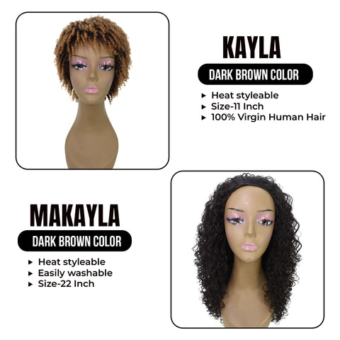 Duo Bundle: Kayla 11-Inch Short Spiral Curls Wig & Makayla 22-Inch Mixed Hair Natural Curls Half Cap Wig
