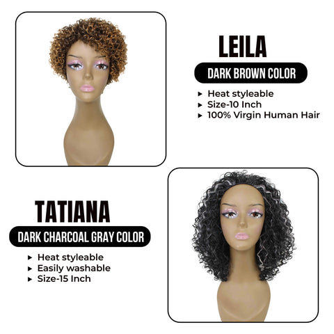 Set Offer: Leila 10-Inch Mixed Hair Short Afro Full Wig & Tatiana 15-Inch Mixed Hair Natural Curls Half Wig