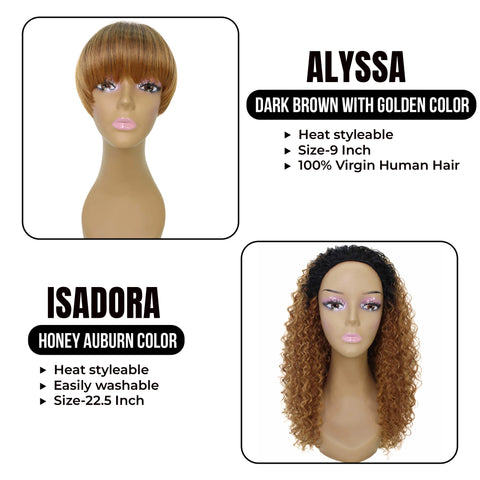 Fabulous Duo Bundle: Alyssa 9-Inch Short Synthetic Wig | Isadora 22.5-Inch Flowing Curl Half Wig