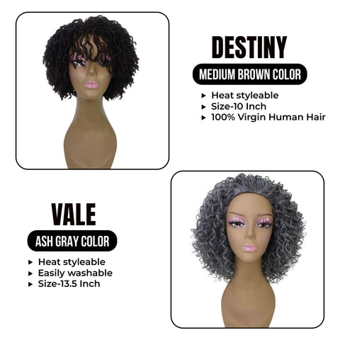 Combo Package: Destiny 10-inch Synthetic Full Wig || Vale 13.5-inch Mixed Hair Afro Half Wig