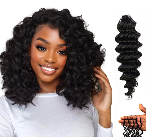 LUXLUXE Deep Wave Real Human Crochet Hair Extensions 40 Strands - Natural  & Natural Black 14 16 & 18 Inch with weights 40g 45g & 50g Knotless Pre Separated Feather Wavy Hairpiece for Women