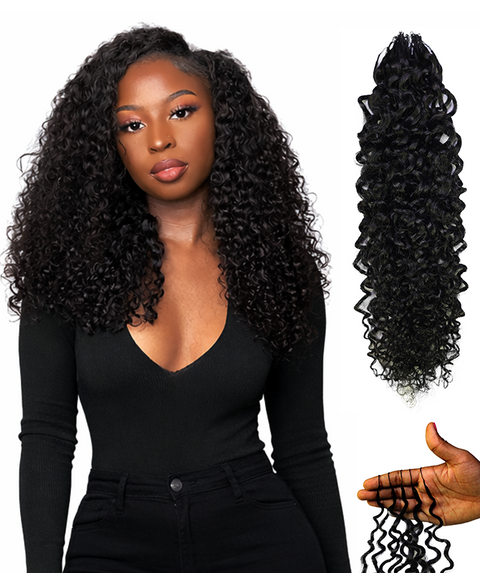 LUXLUXE Burmese Bohemian Real Human Crochet Curly Hair Extensions 40 Strands - Natural & Natural Black 14 16 & 18 Inch with weights 40g 45g & 50g Knotless Pre Separated Feather Line Lightweight Texture Curls Hairpiece for Women