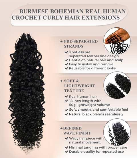 LUXLUXE Burmese Bohemian Real Human Crochet Curly Hair Extensions 40 Strands - Natural & Natural Black 14 16 & 18 Inch with weights 40g 45g & 50g Knotless Pre Separated Feather Line Lightweight Texture Curls Hairpiece for Women