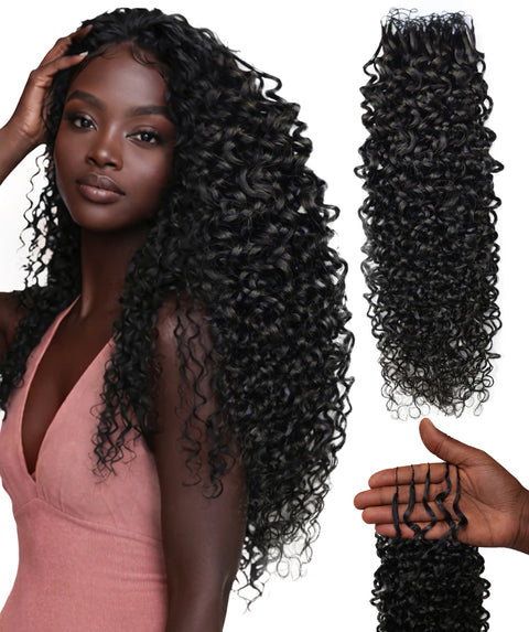 LUXLUXE Burmese Bohemian Real Human Crochet Curly Hair Extensions 40 Strands - Natural & Natural Black 14 16 & 18 Inch with weights 40g 45g & 50g Knotless Pre Separated Feather Line Lightweight Texture Curls Hairpiece for Women
