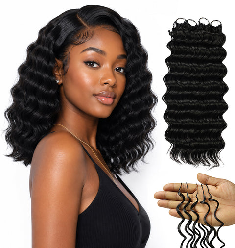 LUXLUXE Deep Wave Synthetic Crochet Hair Extensions – Available in 14"  78g 18" 100g & 22" 120g Pre Separated 100 Strands Feather Hairpiece