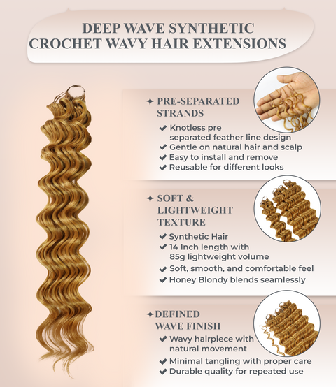 LUXLUXE Deep Wave Synthetic Crochet Hair Extensions – Available in 14"  85g 18" 110g & 22" 132g Pre Separated 100 Strands Feather Hairpiece