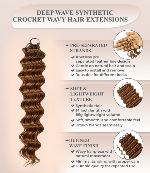 LUXLUXE Deep Wave Synthetic Crochet Hair Extensions – Available in 14"  85g 18" 110g & 22" 132g Pre Separated 100 Strands Feather Hairpiece
