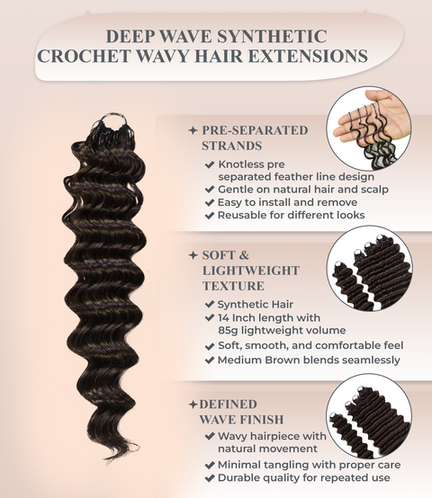 LUXLUXE Deep Wave Synthetic Crochet Hair Extensions – Available in 14"  85g 18" 110g & 22" 132g Pre Separated 100 Strands Feather Hairpiece