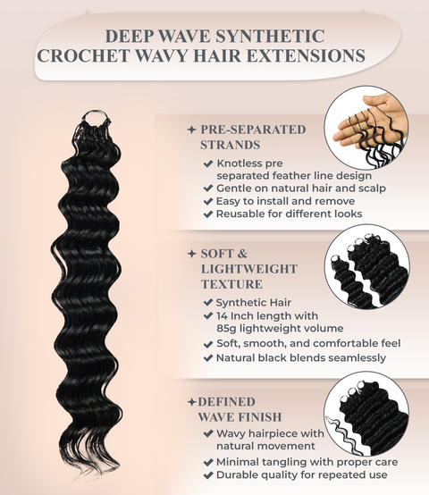 LUXLUXE Deep Wave Synthetic Crochet Hair Extensions – Available in 14"  85g 18" 110g & 22" 132g Pre Separated 100 Strands Feather Hairpiece