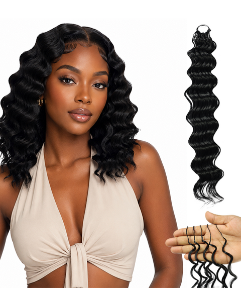 LUXLUXE Deep Wave Synthetic Crochet Hair Extensions – Available in 14"  78g 18" 100g & 22" 120g Pre Separated 100 Strands Feather Hairpiece