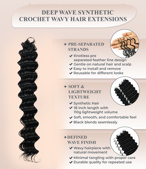 LUXLUXE Deep Wave Synthetic Crochet Hair Extensions – Available in 14"  85g 18" 110g & 22" 132g Pre Separated 100 Strands Feather Hairpiece