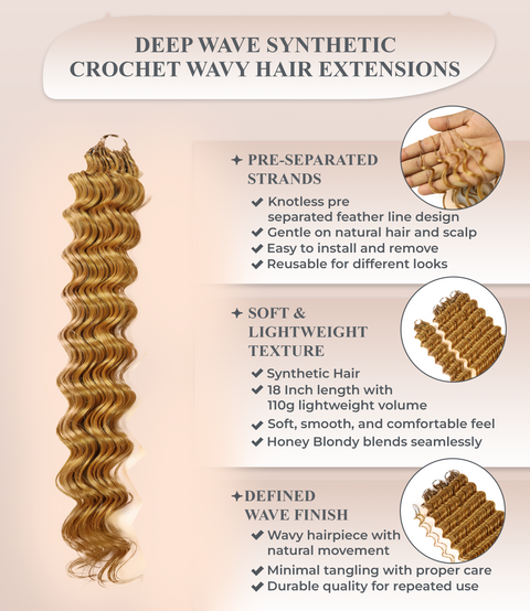 LUXLUXE Deep Wave Synthetic Crochet Hair Extensions – Available in 14"  85g 18" 110g & 22" 132g Pre Separated 100 Strands Feather Hairpiece