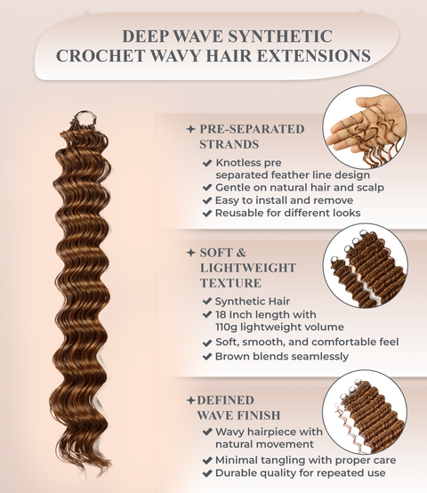LUXLUXE Deep Wave Synthetic Crochet Hair Extensions – Available in 14"  85g 18" 110g & 22" 132g Pre Separated 100 Strands Feather Hairpiece