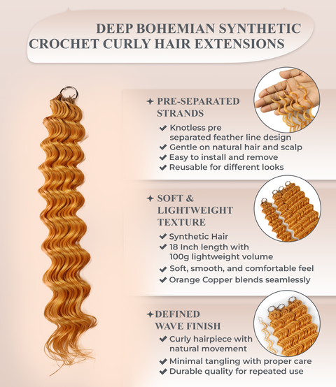 LUXLUXE Deep Wave Synthetic Crochet Hair Extensions – Available in 14"  78g 18" 100g & 22" 120g Pre Separated 100 Strands Feather Hairpiece