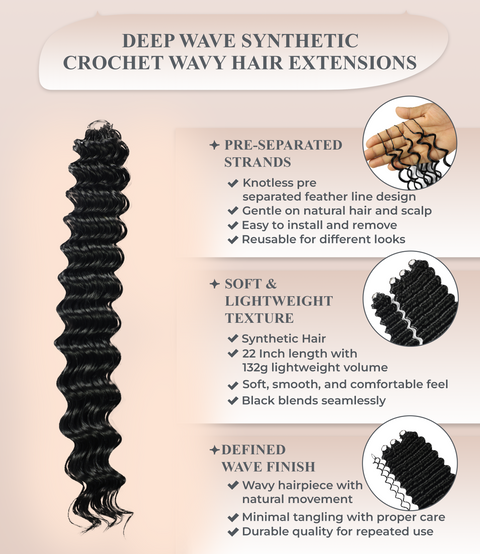 LUXLUXE Deep Wave Synthetic Crochet Hair Extensions – Available in 14"  85g 18" 110g & 22" 132g Pre Separated 100 Strands Feather Hairpiece