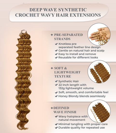 LUXLUXE Deep Wave Synthetic Crochet Hair Extensions – Available in 14"  85g 18" 110g & 22" 132g Pre Separated 100 Strands Feather Hairpiece