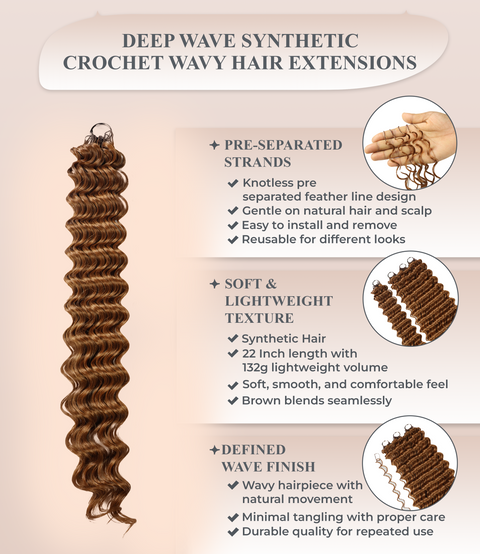 LUXLUXE Deep Wave Synthetic Crochet Hair Extensions – Available in 14"  85g 18" 110g & 22" 132g Pre Separated 100 Strands Feather Hairpiece
