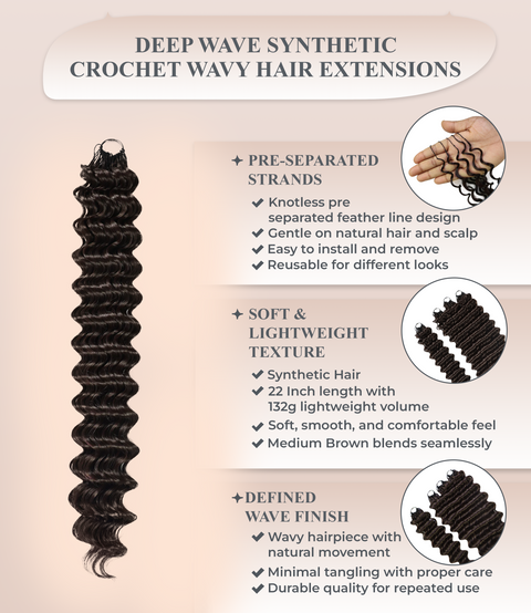 LUXLUXE Deep Wave Synthetic Crochet Hair Extensions – Available in 14"  85g 18" 110g & 22" 132g Pre Separated 100 Strands Feather Hairpiece