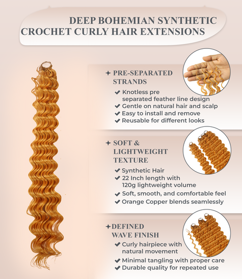 LUXLUXE Deep Wave Synthetic Crochet Hair Extensions – Available in 14"  78g 18" 100g & 22" 120g Pre Separated 100 Strands Feather Hairpiece