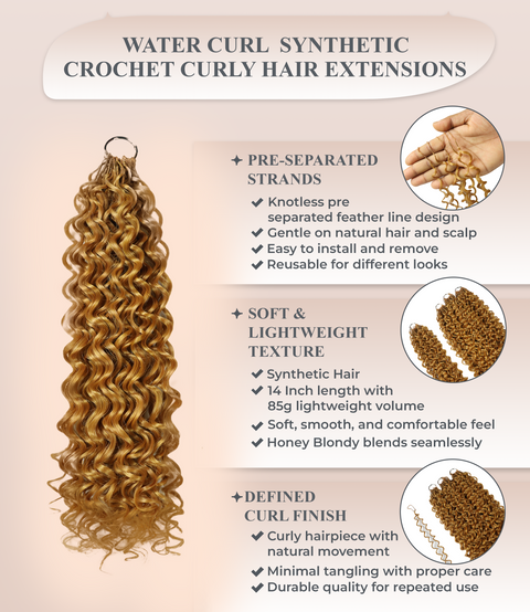 LUXLUXE Water Curl Synthetic Crochet Hair Extensions – Available in 14"  85g 18" 110g & 22" 132g Pre Separated 100 Strands Feather Hairpiece for Natural Bouncy Curls
