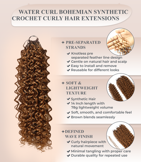 LUXLUXE Water Curl Synthetic Crochet Hair Extensions – Available in 14"  78g 18" 100g & 22" 120g Pre Separated 100 Strands Feather Hairpiece for Natural Bouncy Curls