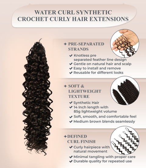 LUXLUXE Water Curl Synthetic Crochet Hair Extensions – Available in 14"  85g 18" 110g & 22" 132g Pre Separated 100 Strands Feather Hairpiece for Natural Bouncy Curls