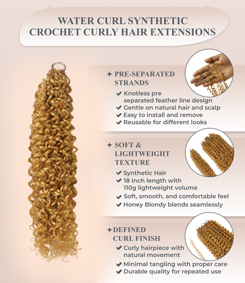 LUXLUXE Water Curl Synthetic Crochet Hair Extensions – Available in 14"  85g 18" 110g & 22" 132g Pre Separated 100 Strands Feather Hairpiece for Natural Bouncy Curls