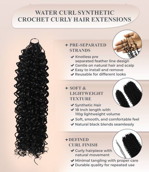 LUXLUXE Water Curl Synthetic Crochet Hair Extensions – Available in 14"  85g 18" 110g & 22" 132g Pre Separated 100 Strands Feather Hairpiece for Natural Bouncy Curls