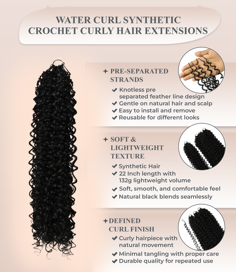 LUXLUXE Water Curl Synthetic Crochet Hair Extensions – Available in 14"  85g 18" 110g & 22" 132g Pre Separated 100 Strands Feather Hairpiece for Natural Bouncy Curls