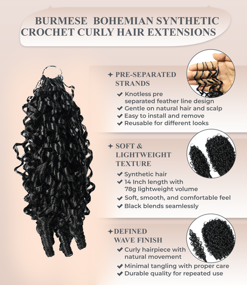LUXLUXE Burmese Synthetic Crochet Hair Extensions – 14" 78g, 18" 100g, 22" 120g Pre Separated 100 Strands Feather Hairpiece for Soft Curly Protective Styles