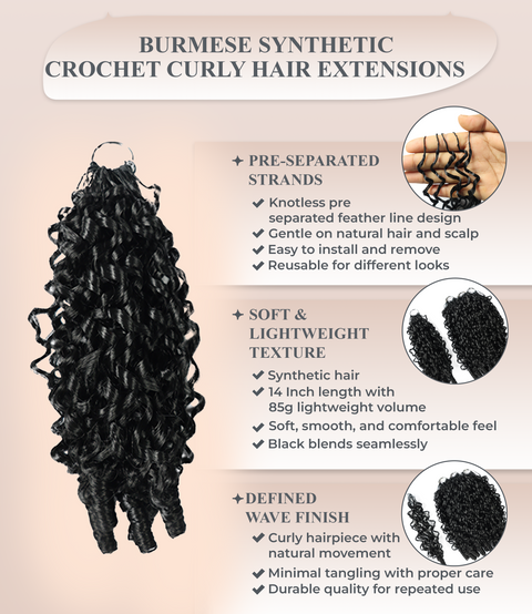 LUXLUXE Burmese Synthetic Crochet Hair Extensions – 14" 85g, 18" 110g, 22" 132g Pre Separated 100 Strands Feather Hairpiece for Soft Curly Protective Styles