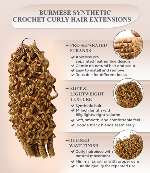 LUXLUXE Burmese Synthetic Crochet Hair Extensions – 14" 85g, 18" 110g, 22" 132g Pre Separated 100 Strands Feather Hairpiece for Soft Curly Protective Styles