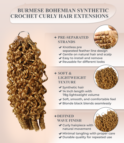 LUXLUXE Burmese Synthetic Crochet Hair Extensions – 14" 78g, 18" 100g, 22" 120g Pre Separated 100 Strands Feather Hairpiece for Soft Curly Protective Styles