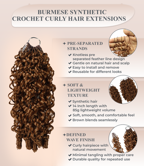 LUXLUXE Burmese Synthetic Crochet Hair Extensions – 14" 85g, 18" 110g, 22" 132g Pre Separated 100 Strands Feather Hairpiece for Soft Curly Protective Styles