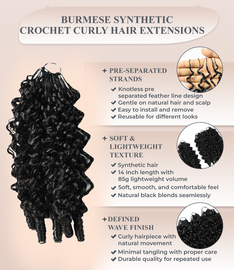 LUXLUXE Burmese Synthetic Crochet Hair Extensions – 14" 85g, 18" 110g, 22" 132g Pre Separated 100 Strands Feather Hairpiece for Soft Curly Protective Styles
