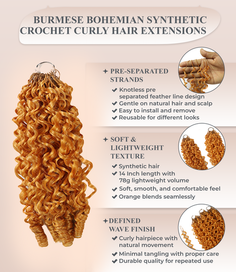 LUXLUXE Burmese Synthetic Crochet Hair Extensions – 14" 78g, 18" 100g, 22" 120g Pre Separated 100 Strands Feather Hairpiece for Soft Curly Protective Styles
