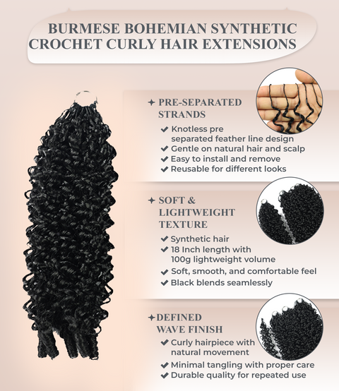 LUXLUXE Burmese Synthetic Crochet Hair Extensions – 14" 78g, 18" 100g, 22" 120g Pre Separated 100 Strands Feather Hairpiece for Soft Curly Protective Styles