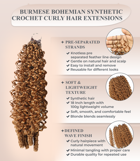 LUXLUXE Burmese Synthetic Crochet Hair Extensions – 14" 78g, 18" 100g, 22" 120g Pre Separated 100 Strands Feather Hairpiece for Soft Curly Protective Styles