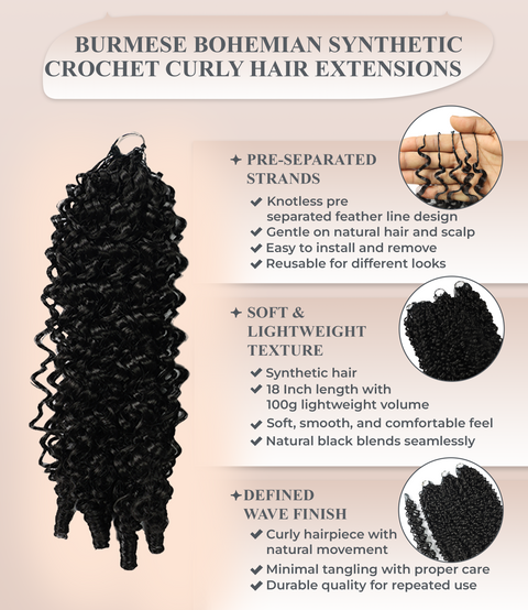 LUXLUXE Burmese Synthetic Crochet Hair Extensions – 14" 78g, 18" 100g, 22" 120g Pre Separated 100 Strands Feather Hairpiece for Soft Curly Protective Styles