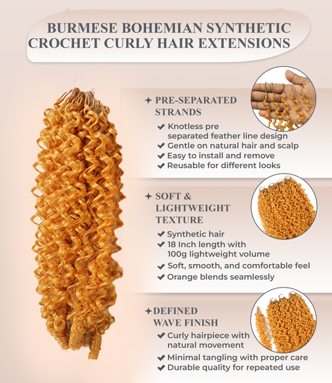 LUXLUXE Burmese Synthetic Crochet Hair Extensions – 14" 78g, 18" 100g, 22" 120g Pre Separated 100 Strands Feather Hairpiece for Soft Curly Protective Styles