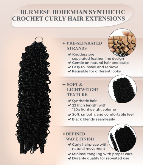 LUXLUXE Burmese Synthetic Crochet Hair Extensions – 14" 78g, 18" 100g, 22" 120g Pre Separated 100 Strands Feather Hairpiece for Soft Curly Protective Styles