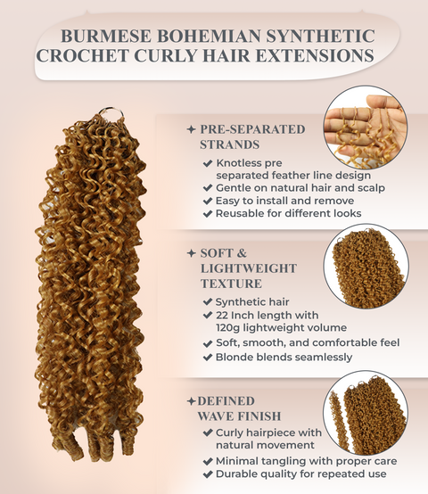 LUXLUXE Burmese Synthetic Crochet Hair Extensions – 14" 78g, 18" 100g, 22" 120g Pre Separated 100 Strands Feather Hairpiece for Soft Curly Protective Styles