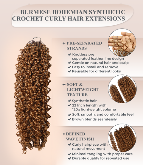 LUXLUXE Burmese Synthetic Crochet Hair Extensions – 14" 78g, 18" 100g, 22" 120g Pre Separated 100 Strands Feather Hairpiece for Soft Curly Protective Styles