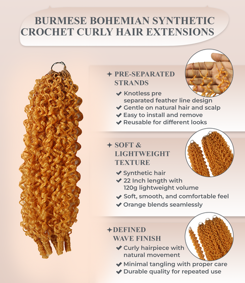 LUXLUXE Burmese Synthetic Crochet Hair Extensions – 14" 78g, 18" 100g, 22" 120g Pre Separated 100 Strands Feather Hairpiece for Soft Curly Protective Styles